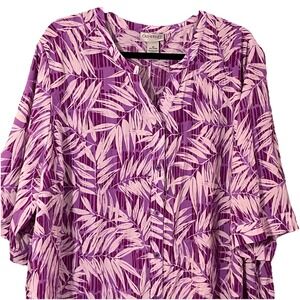 Catherines Button Front Top Plus Size 2x Purple Tropical Palm Tunic Beach Resort